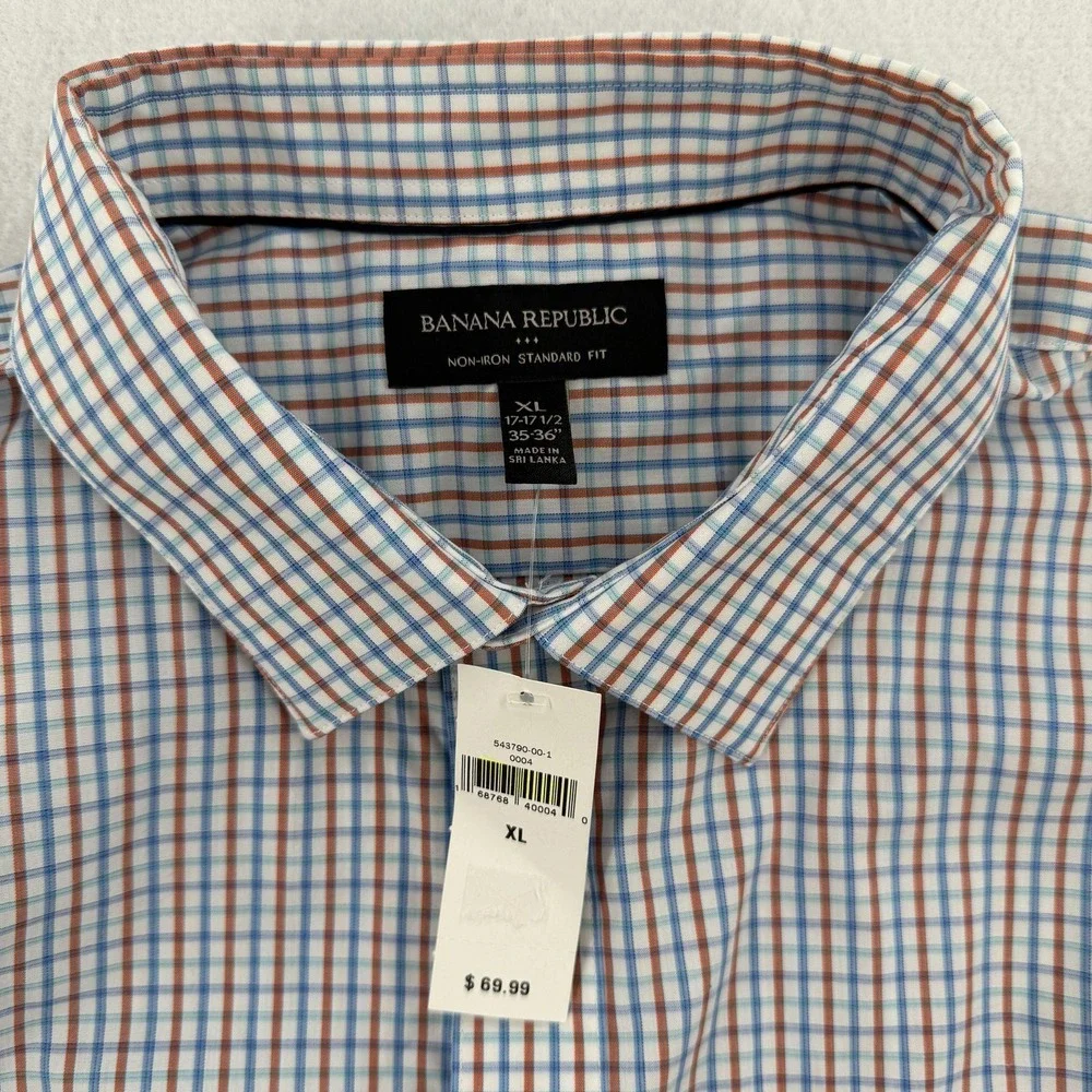 Banana Republic Shirt Mens XL 17-17.5 35-36 Blue Plaid Non-Iron Standard Fit NWT